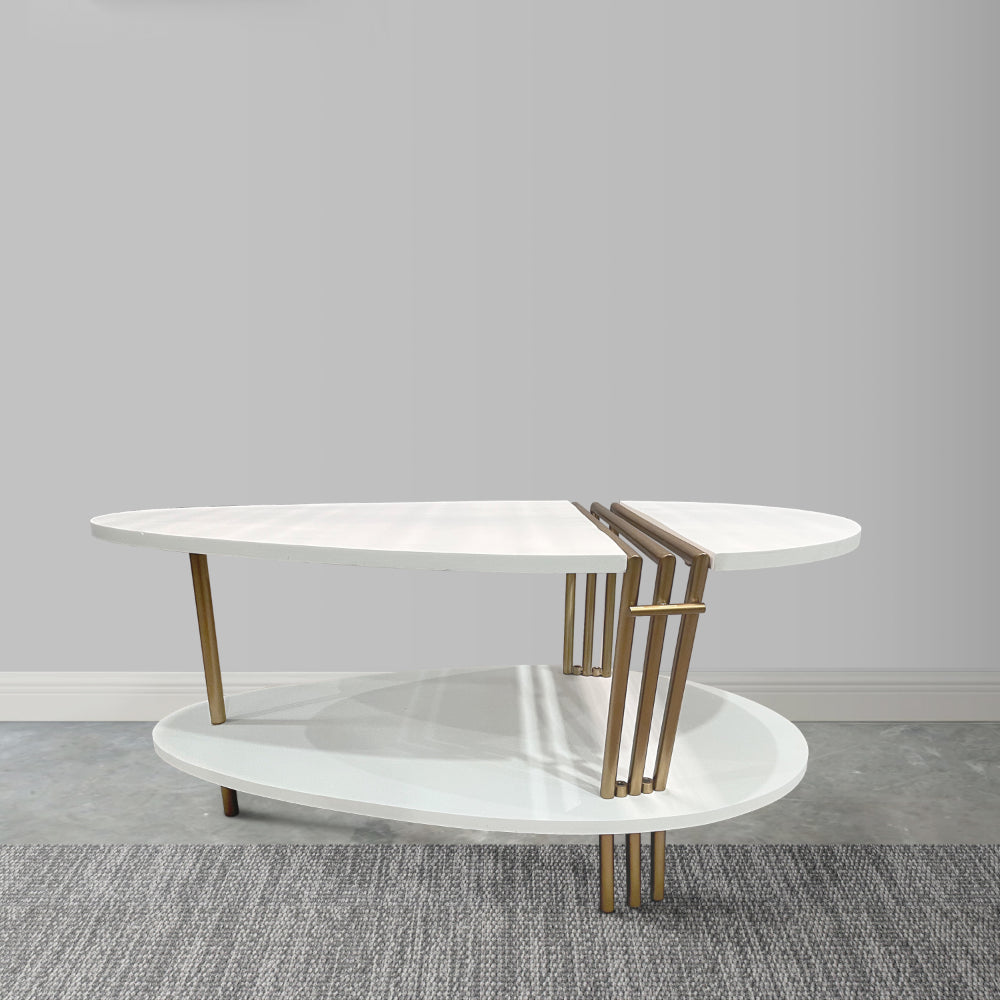 The Urban Port 36 Inch Modern Coffee Table, Oval Elliptical Shape, White Mango Wood With Antique Brass