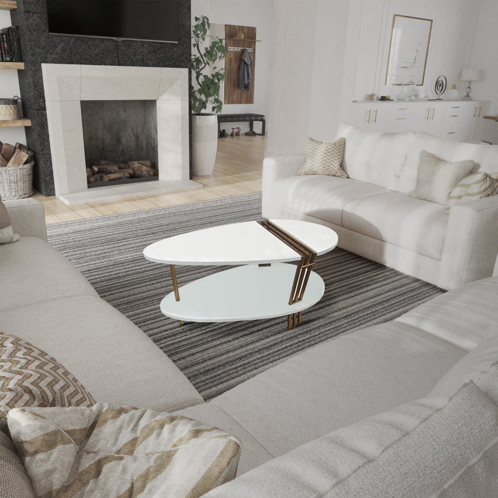The Urban Port 36 Inch Modern Coffee Table, Oval Elliptical Shape, White Mango Wood With Antique Brass