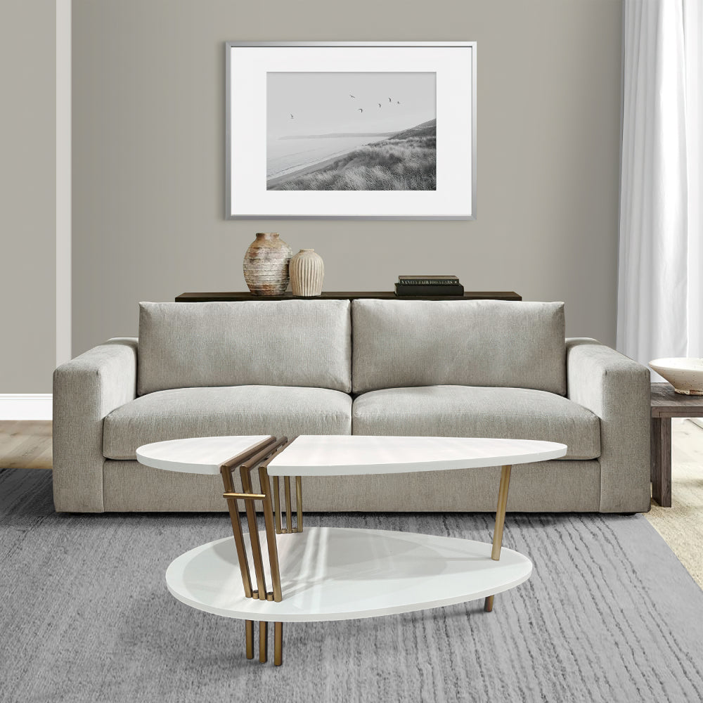 The Urban Port 36 Inch Modern Coffee Table, Oval Elliptical Shape, White Mango Wood With Antique Brass
