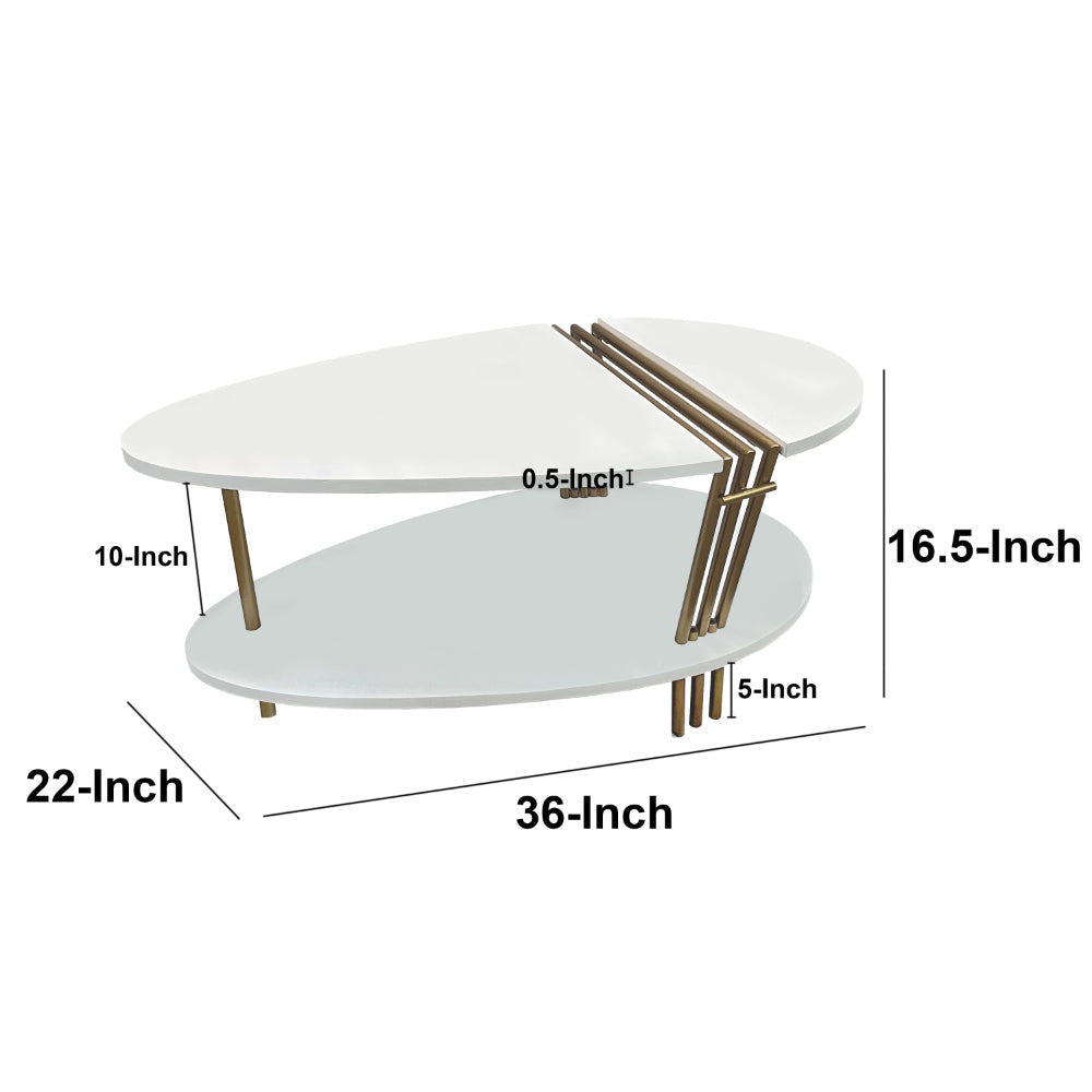 The Urban Port 36 Inch Modern Coffee Table, Oval Elliptical Shape, White Mango Wood With Antique Brass