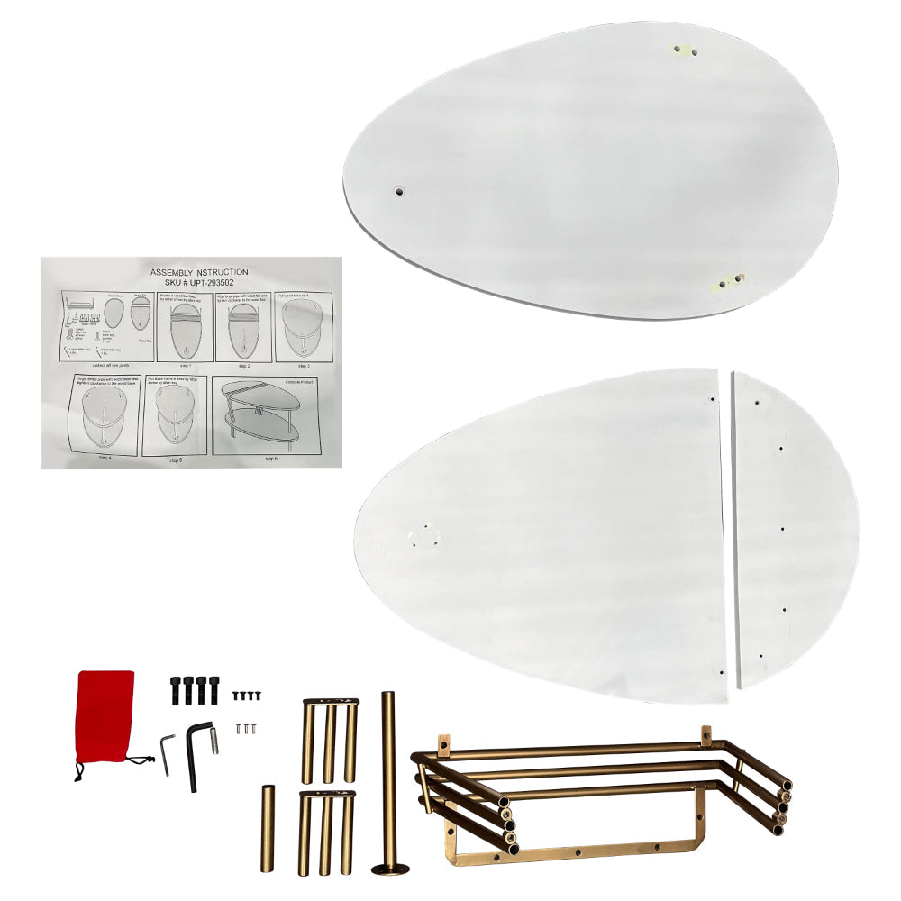 The Urban Port 36 Inch Modern Coffee Table, Oval Elliptical Shape, White Mango Wood With Antique Brass