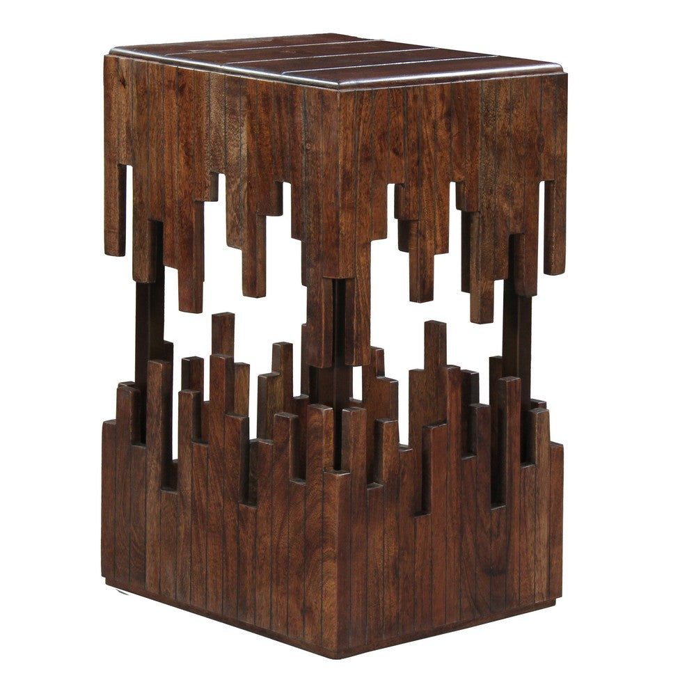 The Urban Port 24 Inch Accent Side End Table, Brown Acacia Wood, Slatted Square Top, Handcrafted Abstract Silhouette, Black Iron