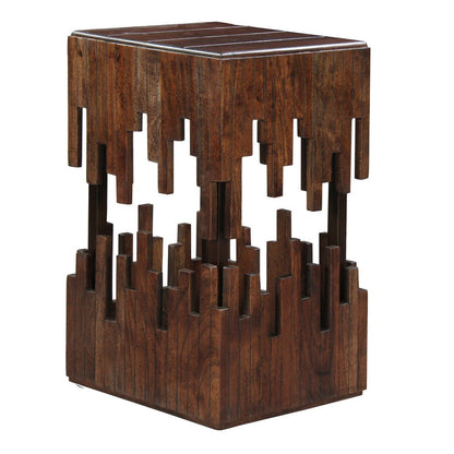 The Urban Port 24 Inch Accent Side End Table, Brown Acacia Wood, Slatted Square Top, Handcrafted Abstract Silhouette, Black Iron
