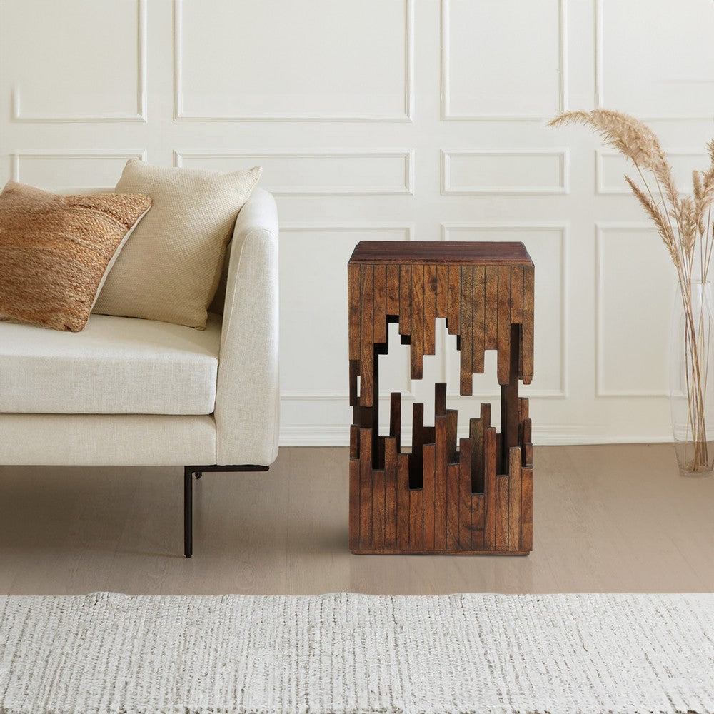 The Urban Port 24 Inch Accent Side End Table, Brown Acacia Wood, Slatted Square Top, Handcrafted Abstract Silhouette, Black Iron
