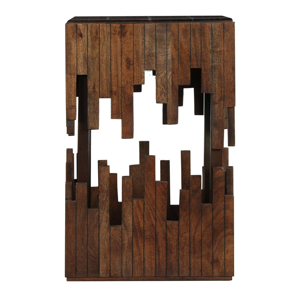 The Urban Port 24 Inch Accent Side End Table, Brown Acacia Wood, Slatted Square Top, Handcrafted Abstract Silhouette, Black Iron