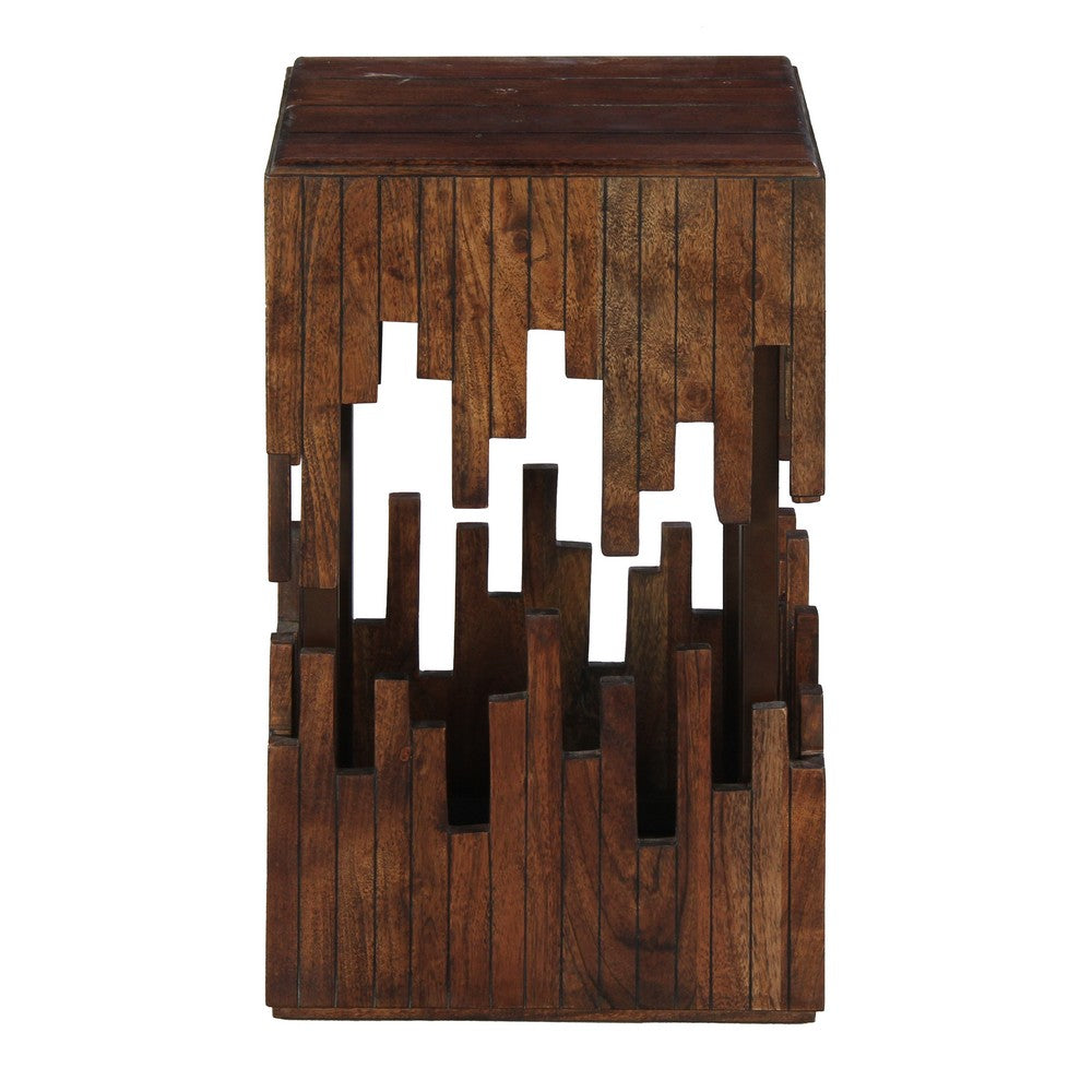 The Urban Port 24 Inch Accent Side End Table, Brown Acacia Wood, Slatted Square Top, Handcrafted Abstract Silhouette, Black Iron