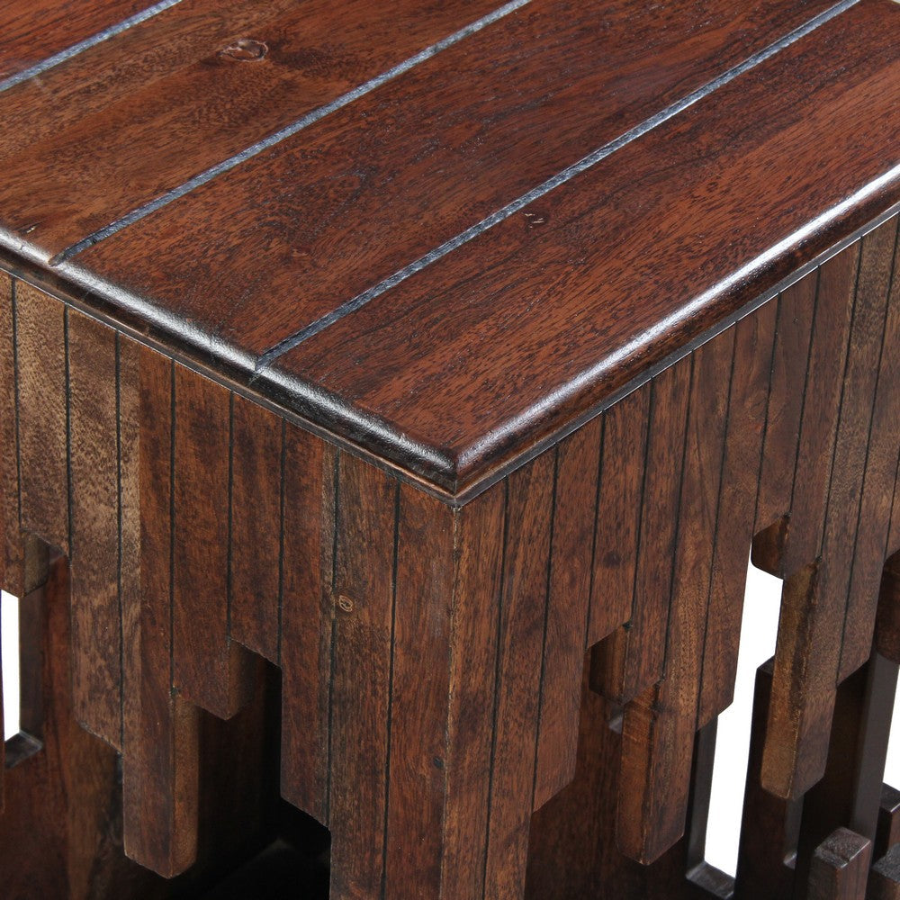 The Urban Port 24 Inch Accent Side End Table, Brown Acacia Wood, Slatted Square Top, Handcrafted Abstract Silhouette, Black Iron