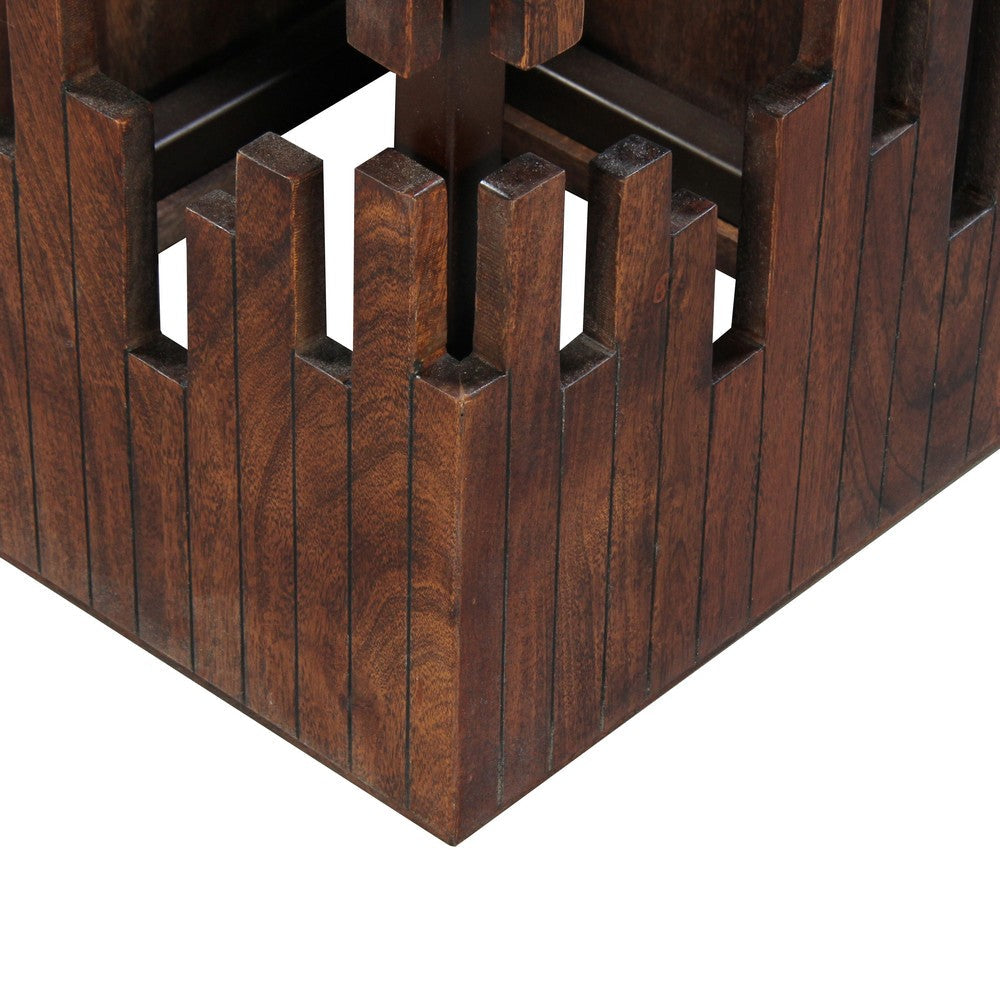 The Urban Port 24 Inch Accent Side End Table, Brown Acacia Wood, Slatted Square Top, Handcrafted Abstract Silhouette, Black Iron