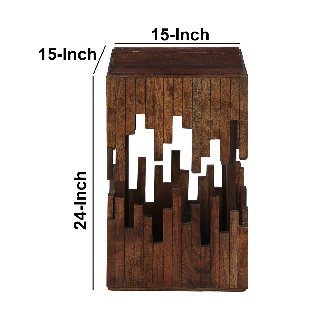 The Urban Port 24 Inch Accent Side End Table, Brown Acacia Wood, Slatted Square Top, Handcrafted Abstract Silhouette, Black Iron