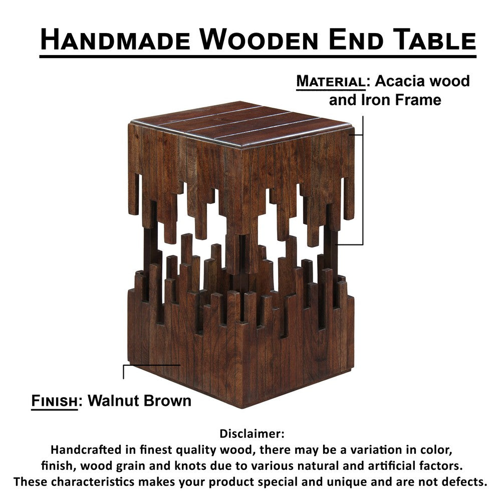 The Urban Port 24 Inch Accent Side End Table, Brown Acacia Wood, Slatted Square Top, Handcrafted Abstract Silhouette, Black Iron