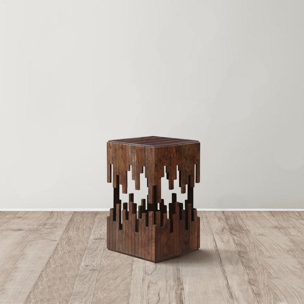 The Urban Port 24 Inch Accent Side End Table, Brown Acacia Wood, Slatted Square Top, Handcrafted Abstract Silhouette, Black Iron