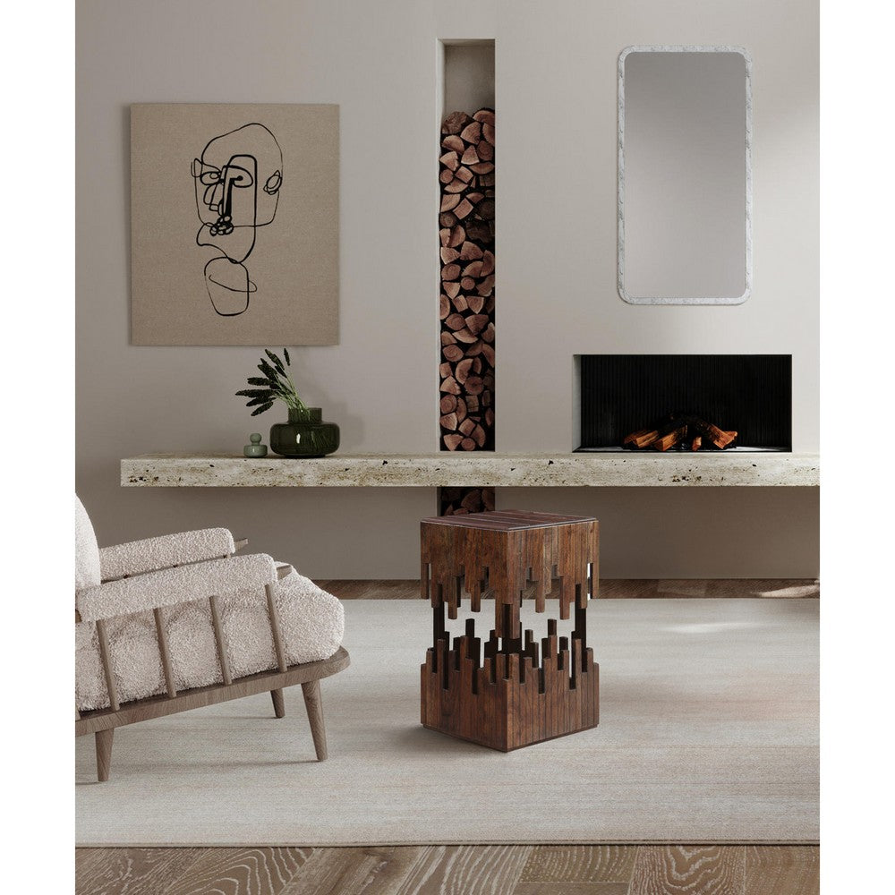 The Urban Port 24 Inch Accent Side End Table, Brown Acacia Wood, Slatted Square Top, Handcrafted Abstract Silhouette, Black Iron
