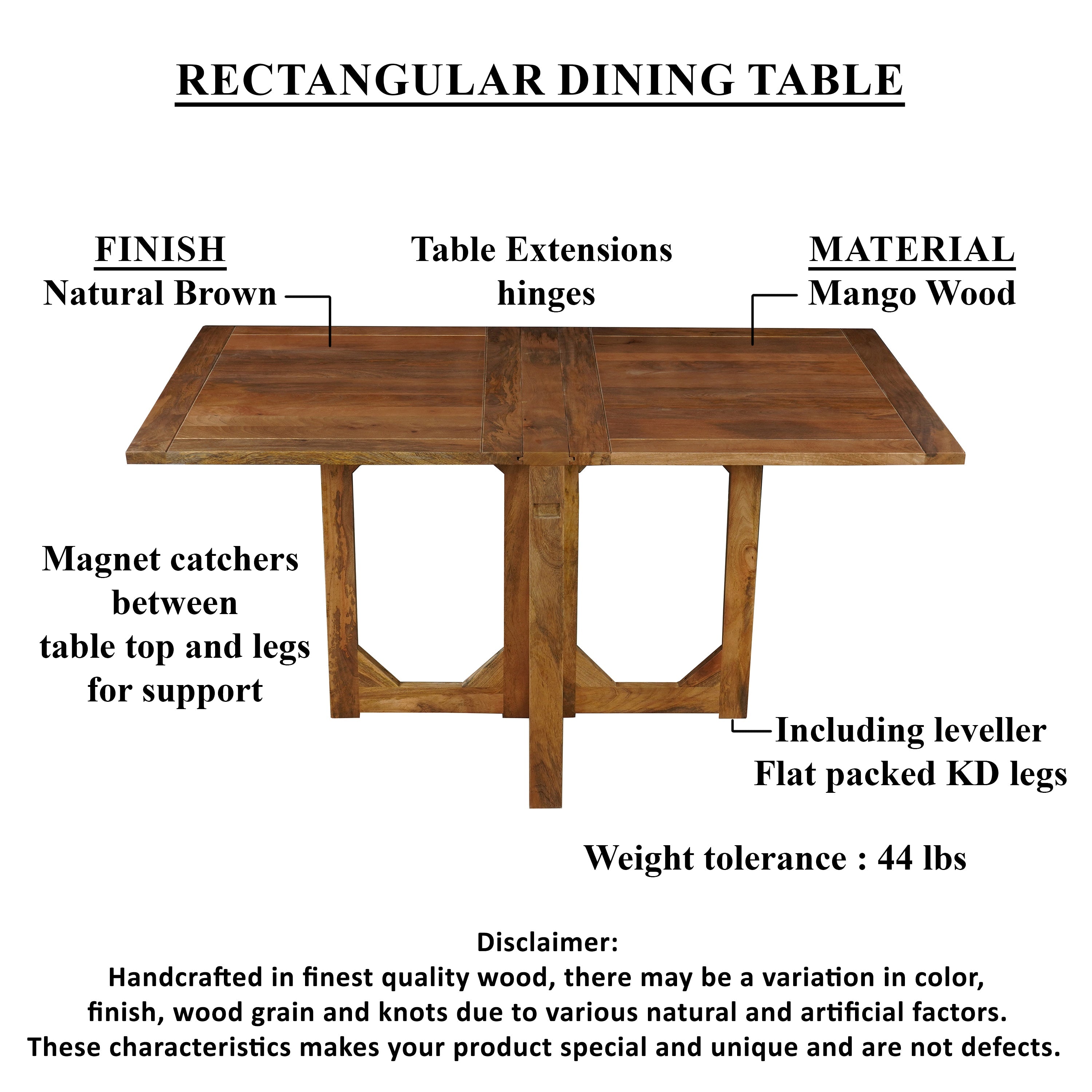 The Urban Port 62 Inch Rectangular Dining Table, Handcrafted Natural Mango Wood with Magnetic Catchers