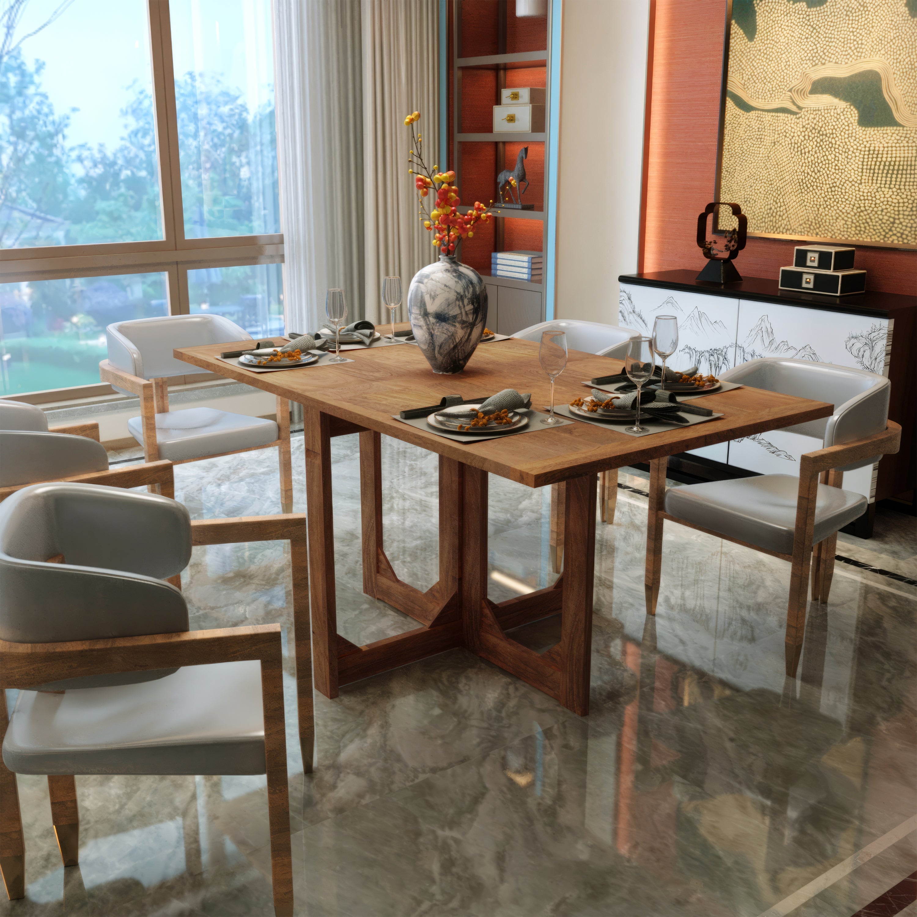 The Urban Port 62 Inch Rectangular Dining Table, Handcrafted Natural Mango Wood with Magnetic Catchers
