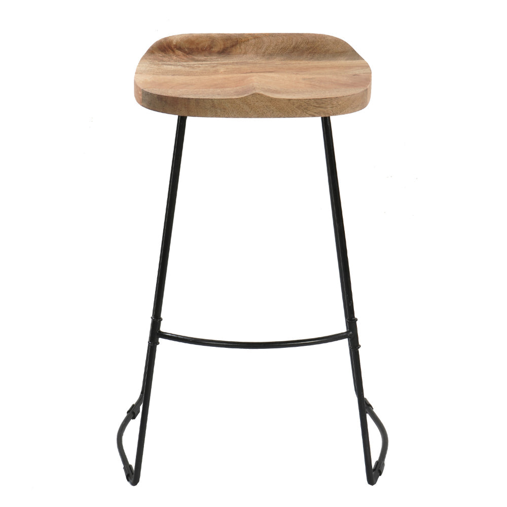 The Urban Port Tiva 30 Inch Handcrafted Backless Barstool, Natural Brown Mango Wood Saddle Seat, Black Metal Base