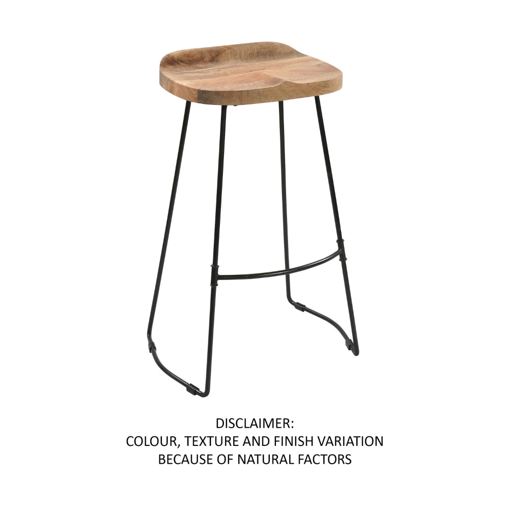 The Urban Port Tiva 30 Inch Handcrafted Backless Barstool, Natural Brown Mango Wood Saddle Seat, Black Metal Base