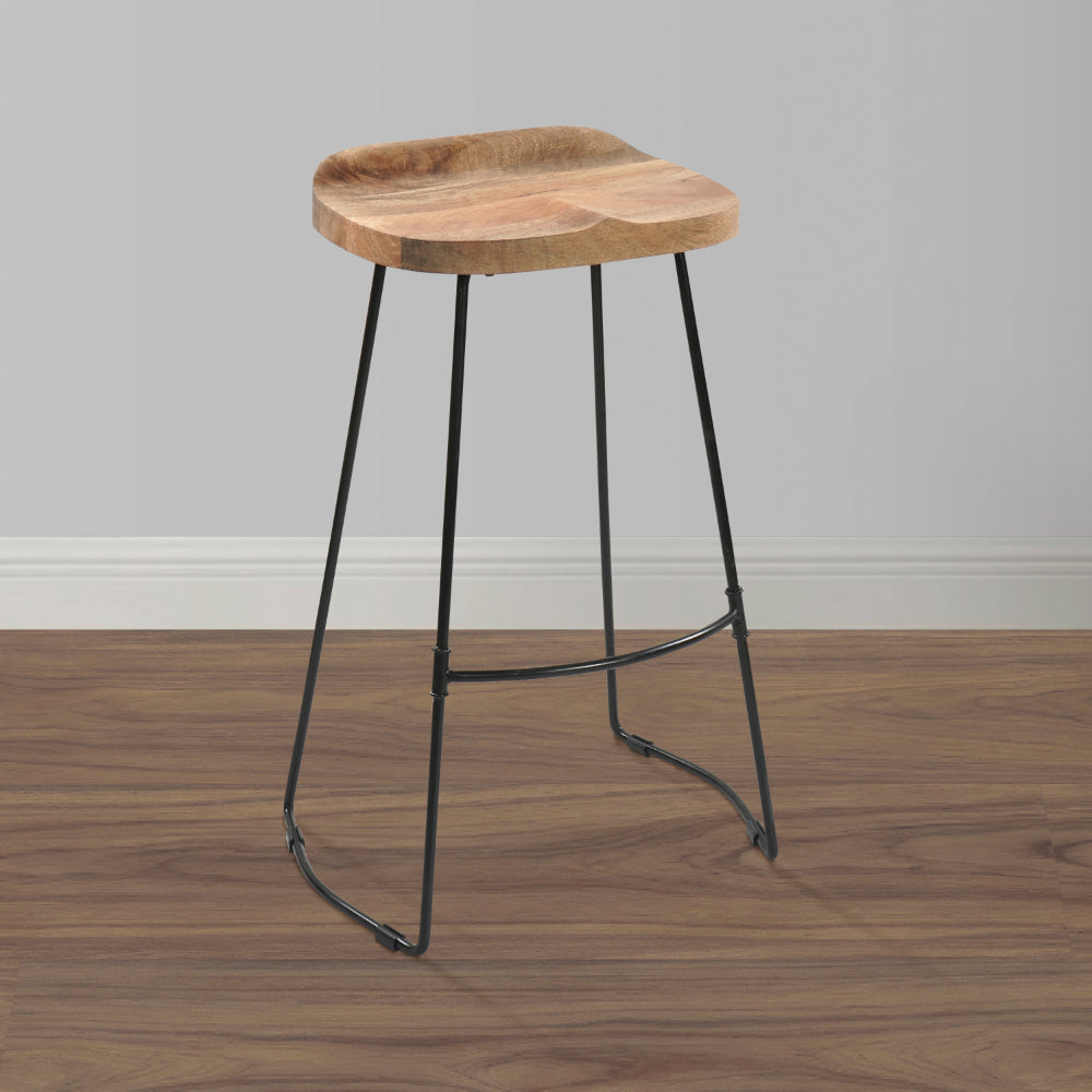 The Urban Port Tiva 30 Inch Handcrafted Backless Barstool, Natural Brown Mango Wood Saddle Seat, Black Metal Base