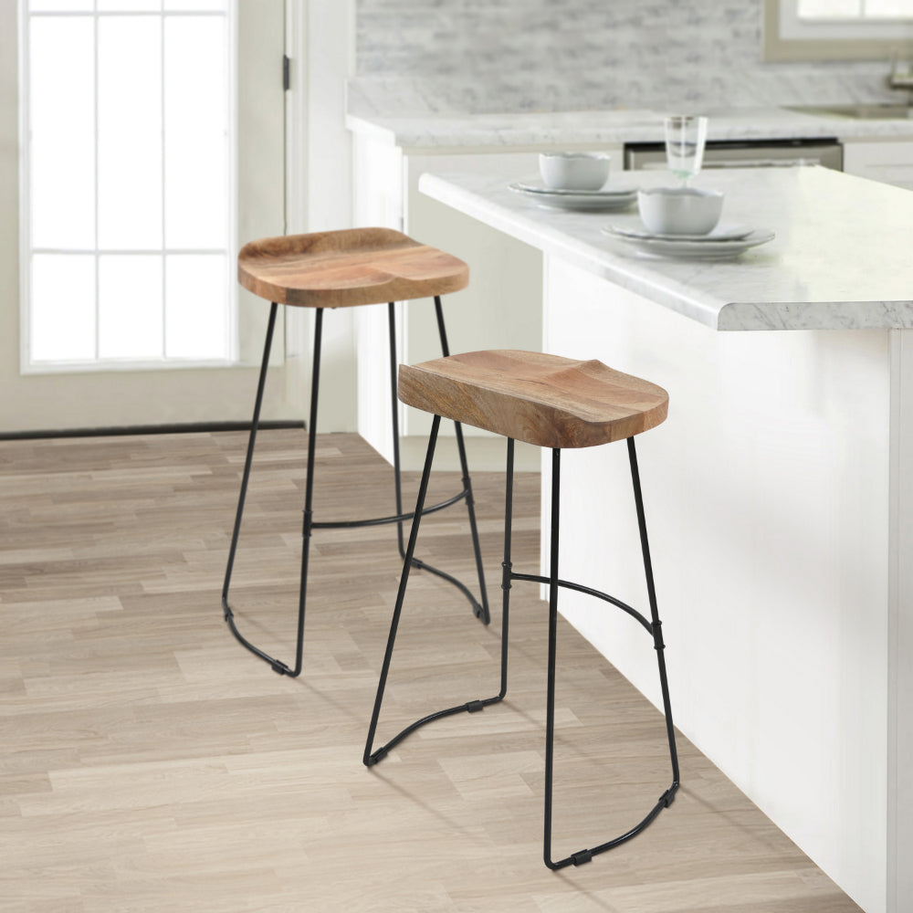 The Urban Port Tiva 30 Inch Handcrafted Backless Barstool, Natural Brown Mango Wood Saddle Seat, Black Metal Base