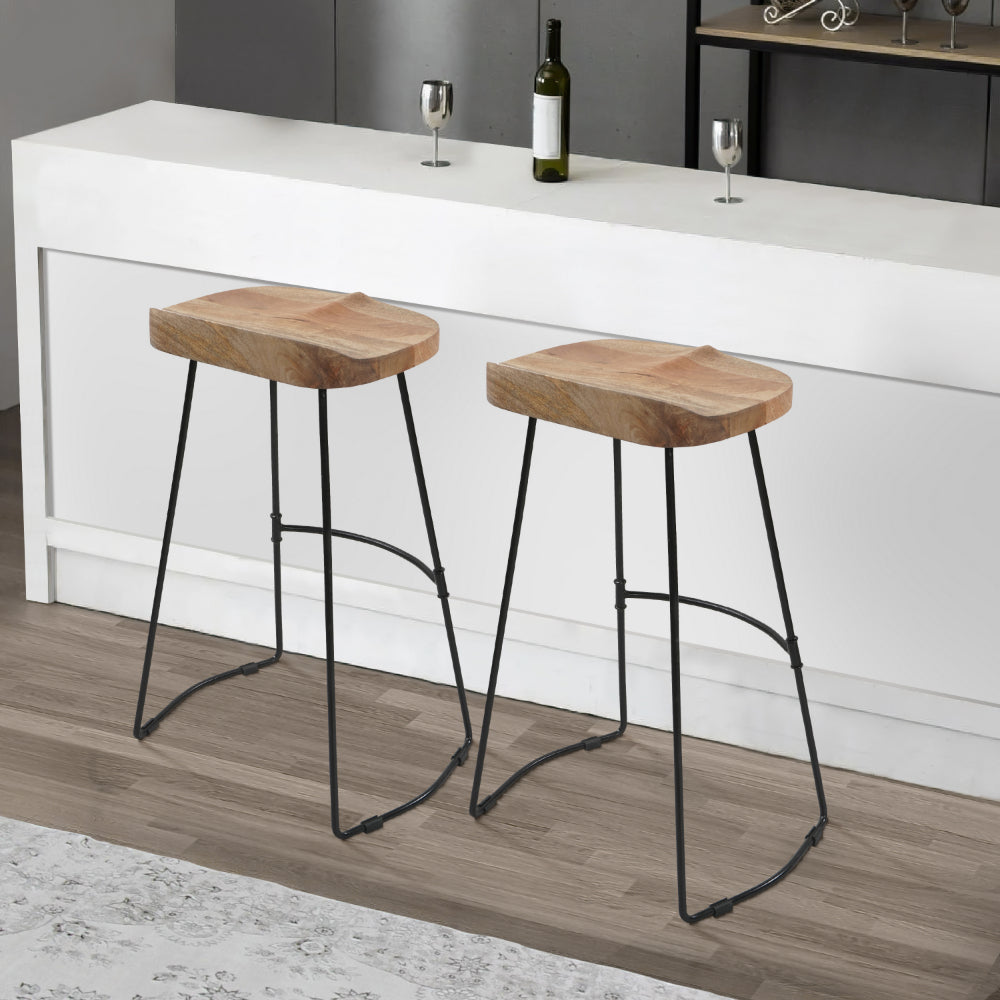 The Urban Port Tiva 30 Inch Handcrafted Backless Barstool, Natural Brown Mango Wood Saddle Seat, Black Metal Base