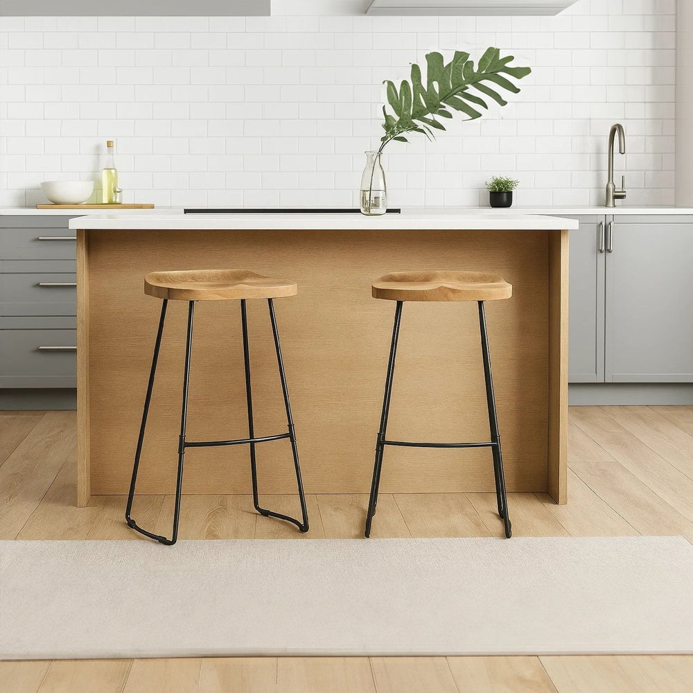 The Urban Port Tiva 30 Inch Handcrafted Backless Barstool, Natural Brown Mango Wood Saddle Seat, Black Metal Base