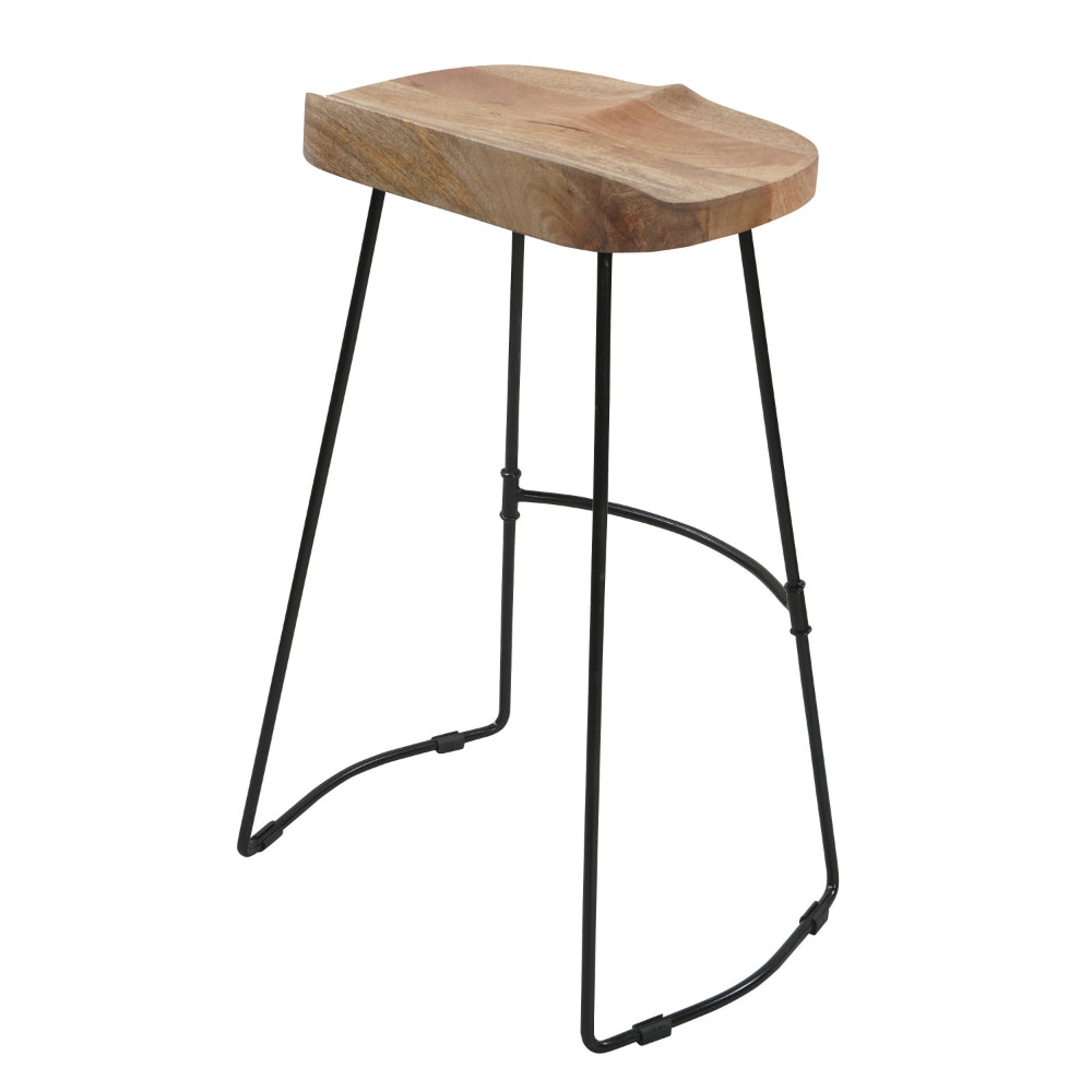 The Urban Port Tiva 30 Inch Handcrafted Backless Barstool, Natural Brown Mango Wood Saddle Seat, Black Metal Base