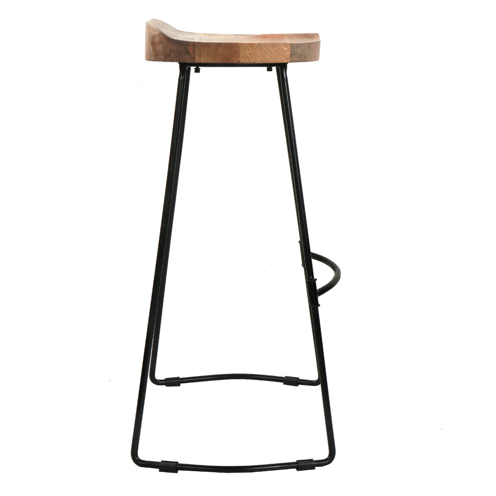 The Urban Port Tiva 30 Inch Handcrafted Backless Barstool, Natural Brown Mango Wood Saddle Seat, Black Metal Base