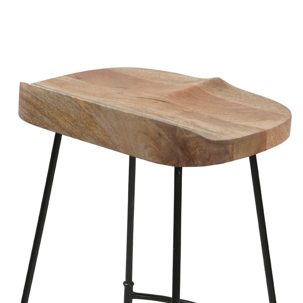 The Urban Port Tiva 30 Inch Handcrafted Backless Barstool, Natural Brown Mango Wood Saddle Seat, Black Metal Base