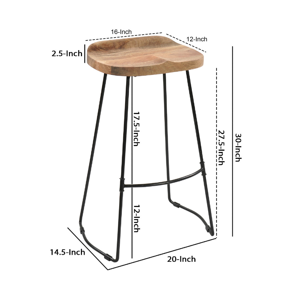 The Urban Port Tiva 30 Inch Handcrafted Backless Barstool, Natural Brown Mango Wood Saddle Seat, Black Metal Base