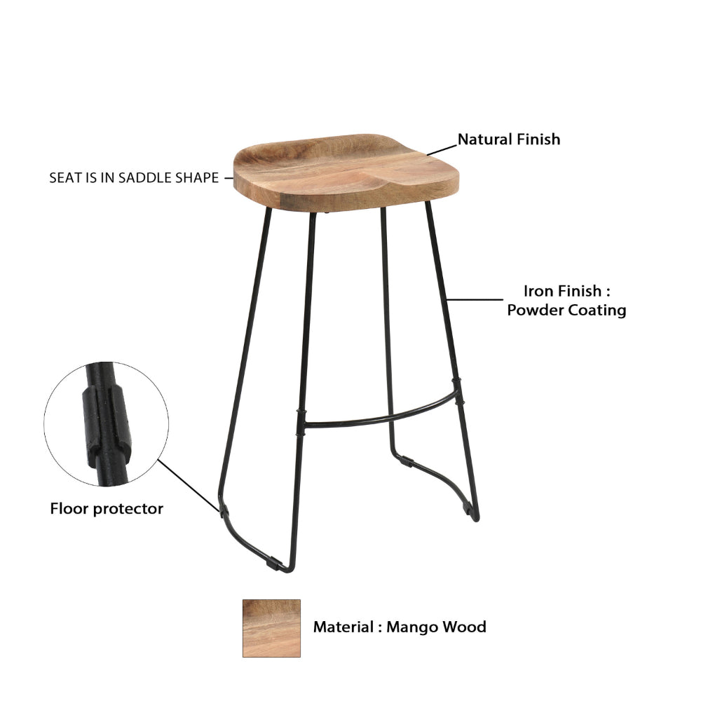 The Urban Port Tiva 30 Inch Handcrafted Backless Barstool, Natural Brown Mango Wood Saddle Seat, Black Metal Base