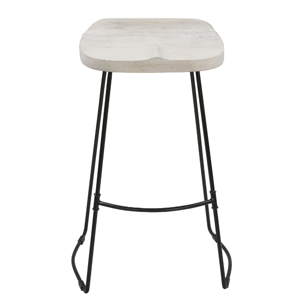 The Urban Port Tiva 30 Inch Handcrafted Backless Barstool, Whitewashed Mango Wood Saddle Seat, Black Metal Base