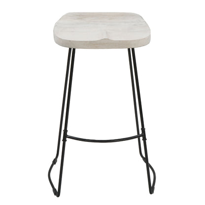 The Urban Port Tiva 30 Inch Handcrafted Backless Barstool, Whitewashed Mango Wood Saddle Seat, Black Metal Base