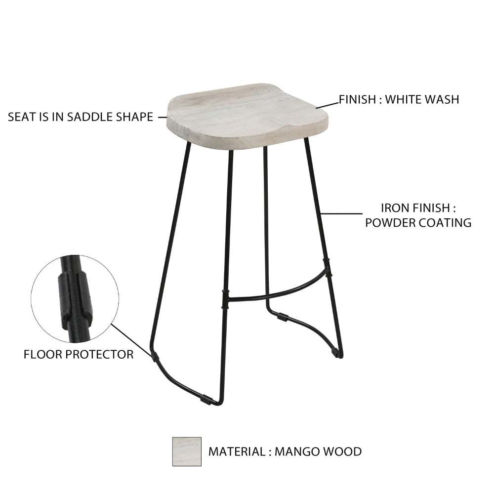 The Urban Port Tiva 30 Inch Handcrafted Backless Barstool, Whitewashed Mango Wood Saddle Seat, Black Metal Base