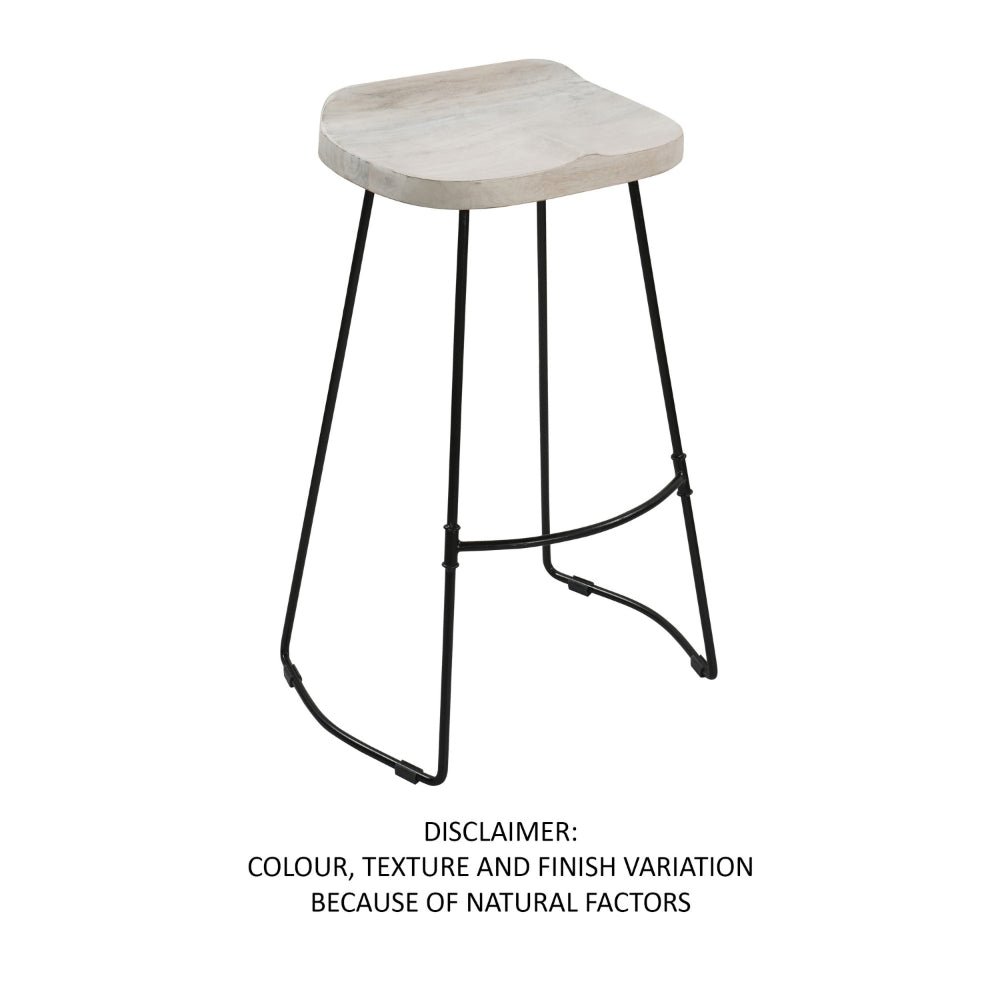 The Urban Port Tiva 30 Inch Handcrafted Backless Barstool, Whitewashed Mango Wood Saddle Seat, Black Metal Base