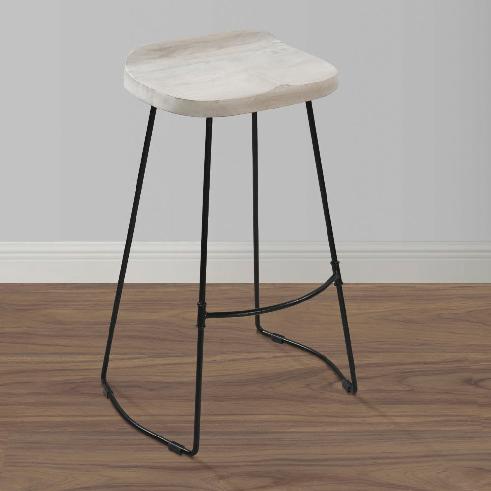 The Urban Port Tiva 30 Inch Handcrafted Backless Barstool, Whitewashed Mango Wood Saddle Seat, Black Metal Base