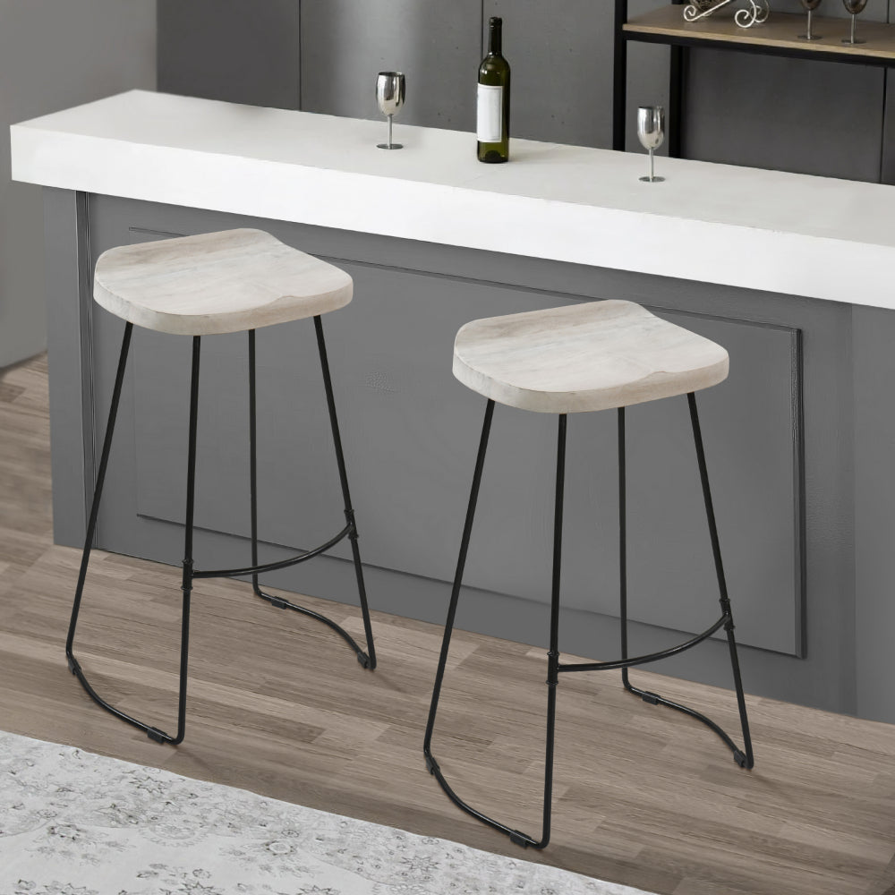 The Urban Port Tiva 30 Inch Handcrafted Backless Barstool, Whitewashed Mango Wood Saddle Seat, Black Metal Base