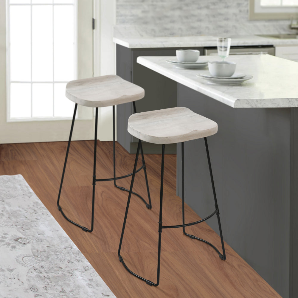 The Urban Port Tiva 30 Inch Handcrafted Backless Barstool, Whitewashed Mango Wood Saddle Seat, Black Metal Base