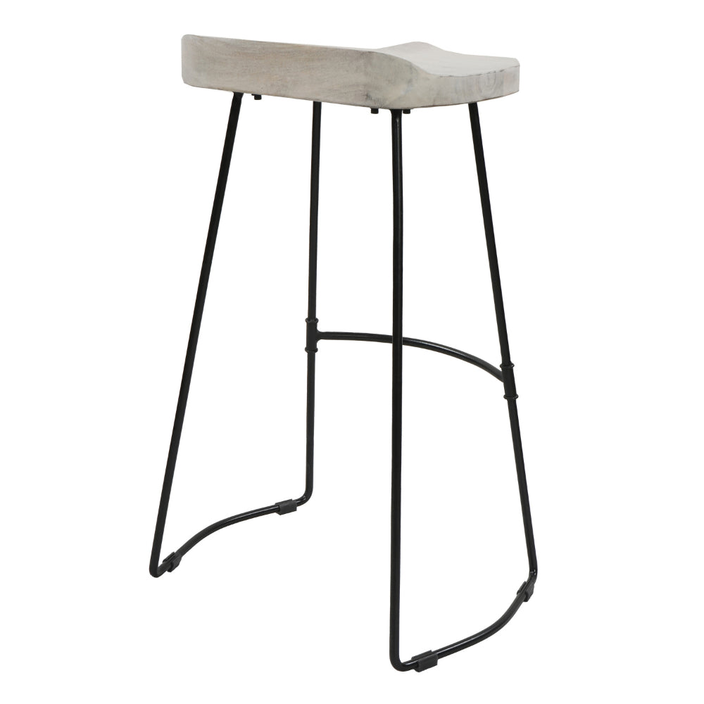 The Urban Port Tiva 30 Inch Handcrafted Backless Barstool, Whitewashed Mango Wood Saddle Seat, Black Metal Base