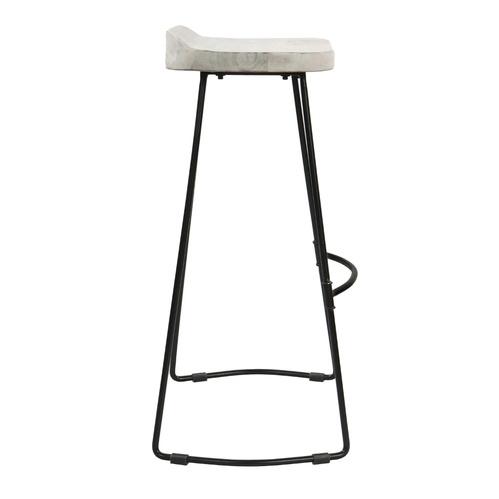 The Urban Port Tiva 30 Inch Handcrafted Backless Barstool, Whitewashed Mango Wood Saddle Seat, Black Metal Base
