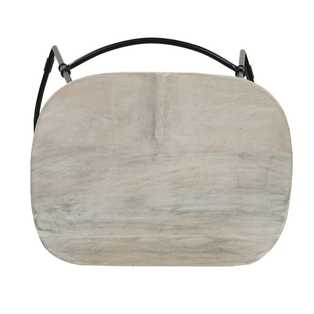 The Urban Port Tiva 30 Inch Handcrafted Backless Barstool, Whitewashed Mango Wood Saddle Seat, Black Metal Base