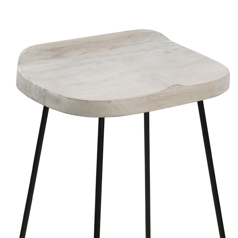The Urban Port Tiva 30 Inch Handcrafted Backless Barstool, Whitewashed Mango Wood Saddle Seat, Black Metal Base