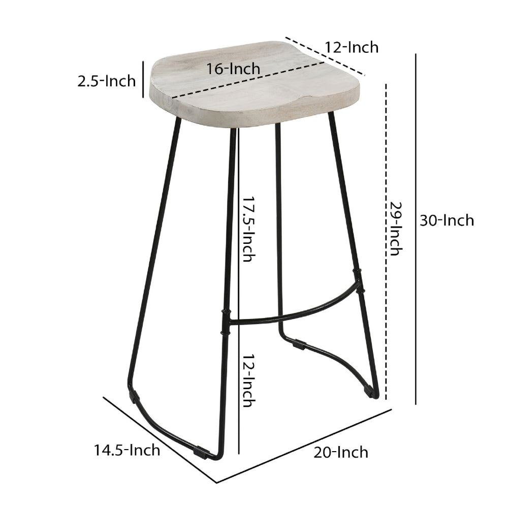 The Urban Port Tiva 30 Inch Handcrafted Backless Barstool, Whitewashed Mango Wood Saddle Seat, Black Metal Base