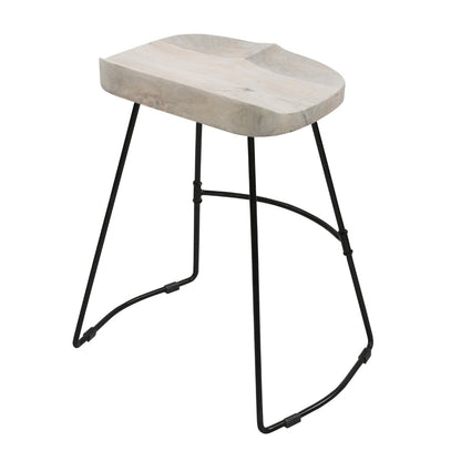 The Urban Port Tiva 24 Inch Handcrafted Backless Counter Height Stool, Whitewashed Mango Wood Saddle Seat, Black Metal Base