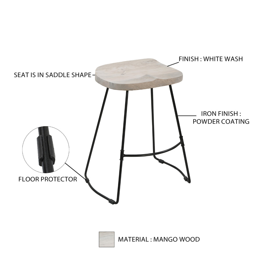 The Urban Port Tiva 24 Inch Handcrafted Backless Counter Height Stool, Whitewashed Mango Wood Saddle Seat, Black Metal Base