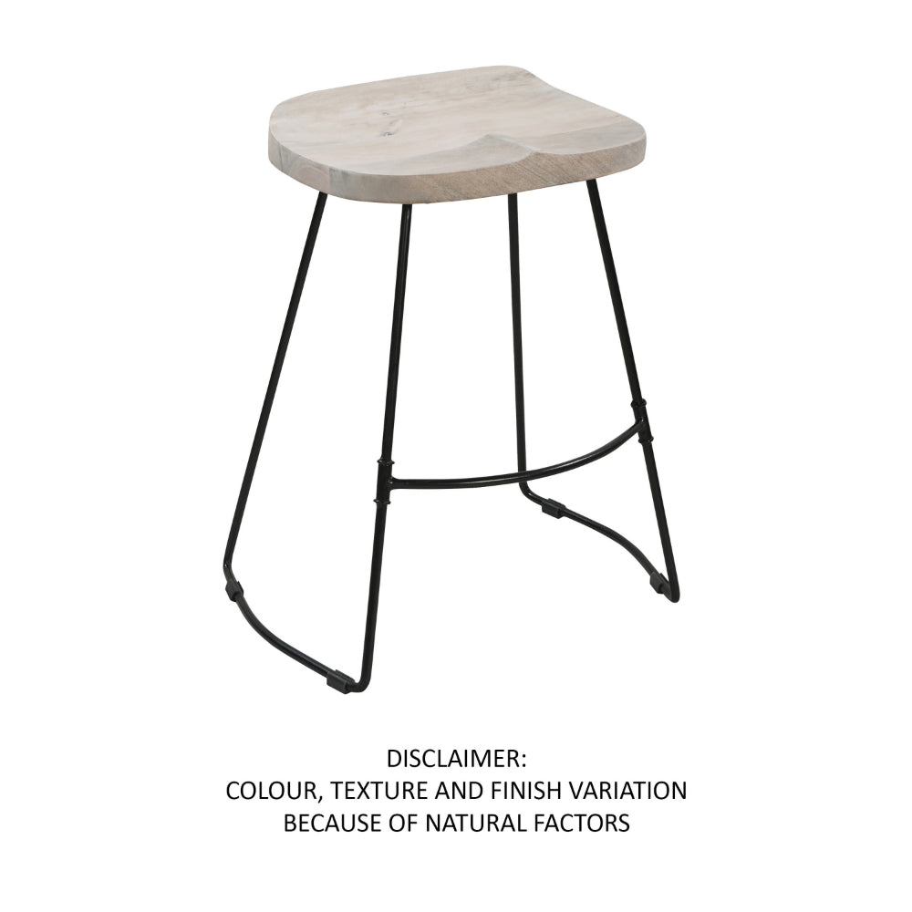 The Urban Port Tiva 24 Inch Handcrafted Backless Counter Height Stool, Whitewashed Mango Wood Saddle Seat, Black Metal Base