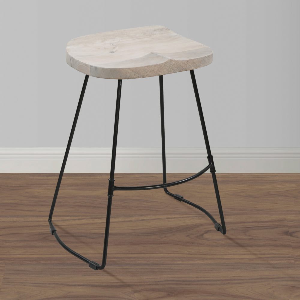 The Urban Port Tiva 24 Inch Handcrafted Backless Counter Height Stool, Whitewashed Mango Wood Saddle Seat, Black Metal Base
