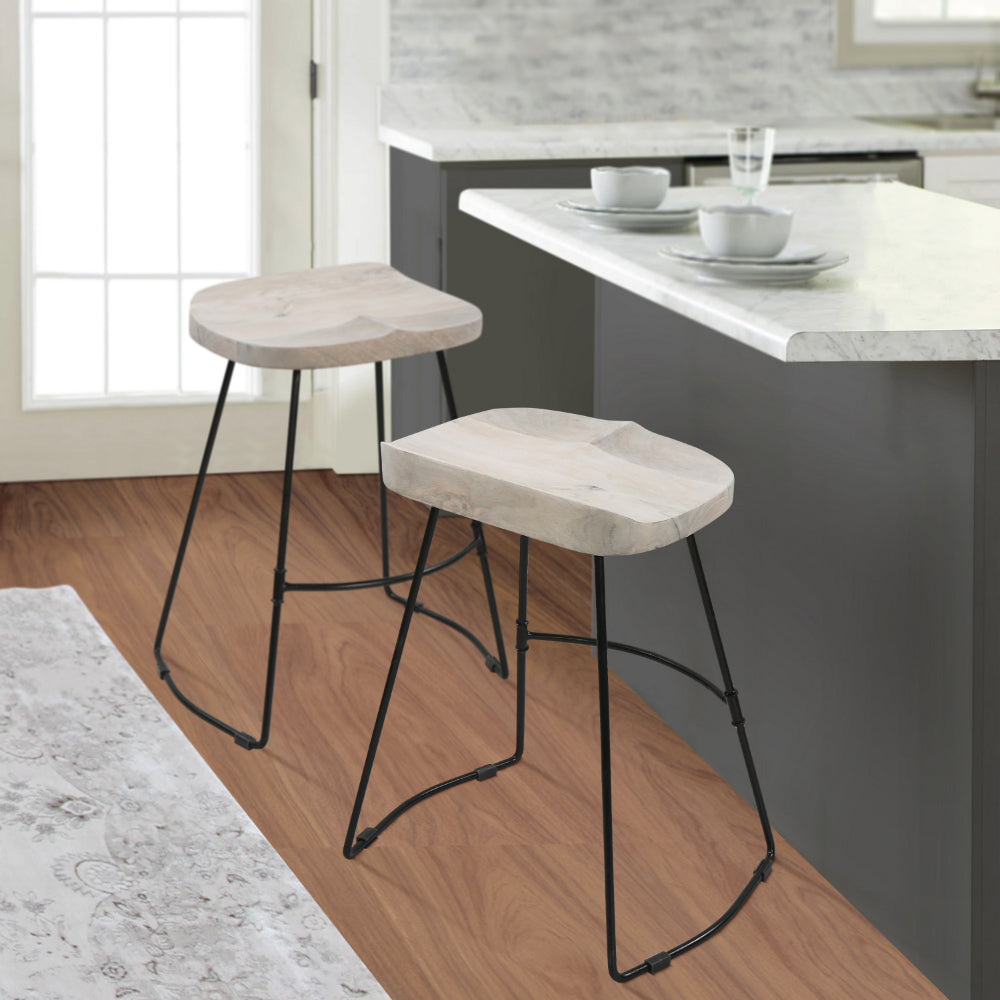 The Urban Port Tiva 24 Inch Handcrafted Backless Counter Height Stool, Whitewashed Mango Wood Saddle Seat, Black Metal Base