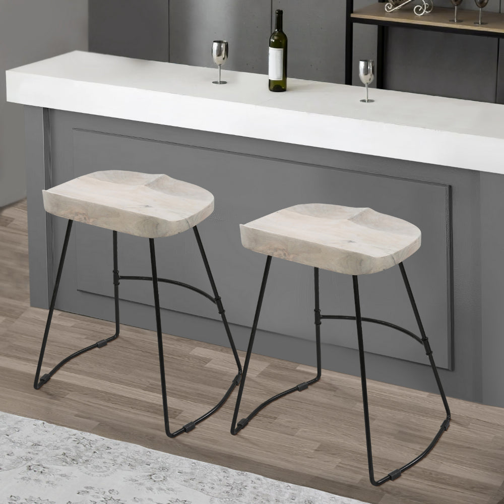 The Urban Port Tiva 24 Inch Handcrafted Backless Counter Height Stool, Whitewashed Mango Wood Saddle Seat, Black Metal Base