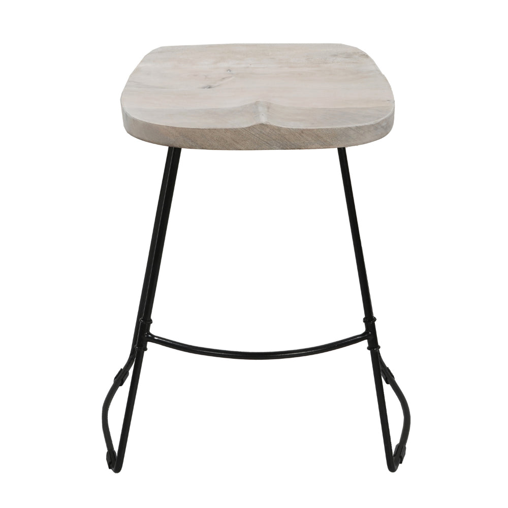 The Urban Port Tiva 24 Inch Handcrafted Backless Counter Height Stool, Whitewashed Mango Wood Saddle Seat, Black Metal Base