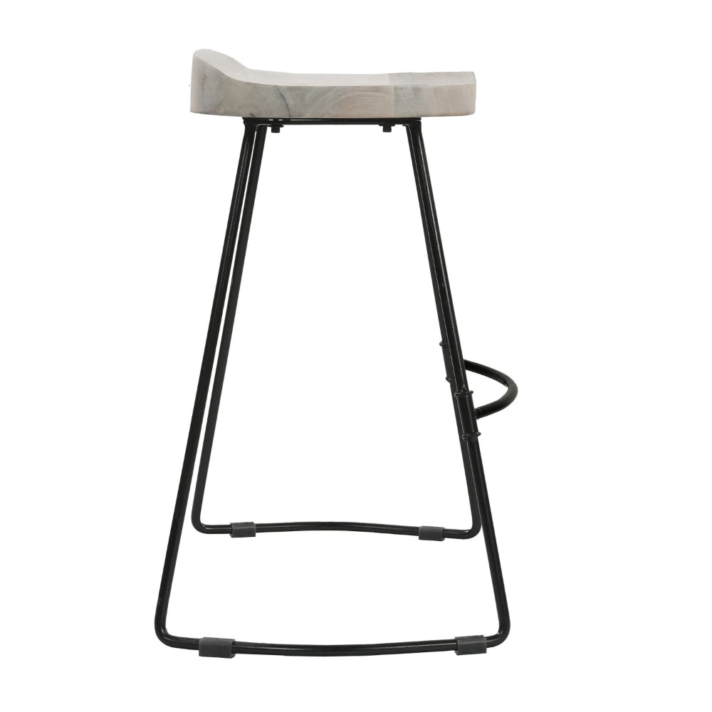 The Urban Port Tiva 24 Inch Handcrafted Backless Counter Height Stool, Whitewashed Mango Wood Saddle Seat, Black Metal Base