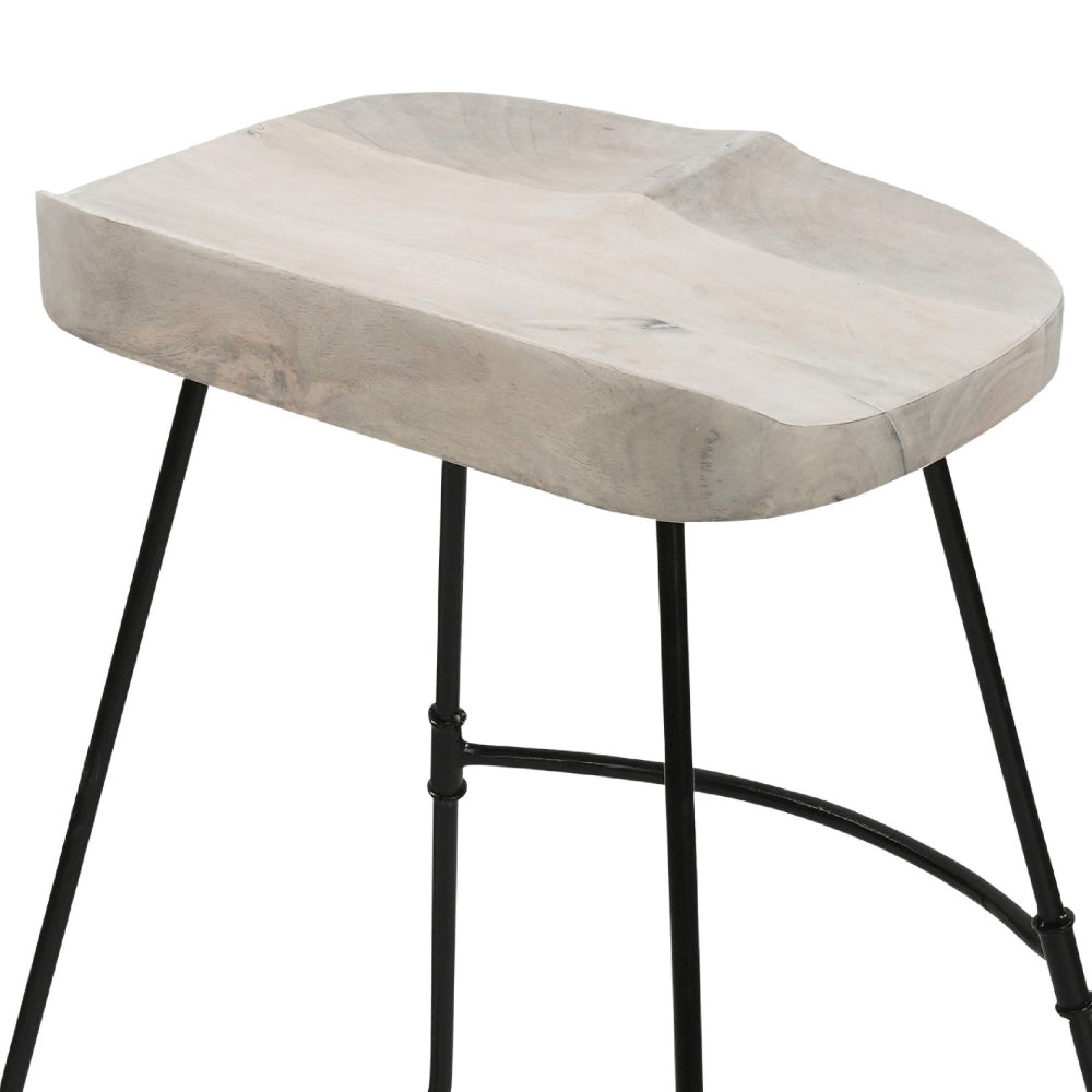 The Urban Port Tiva 24 Inch Handcrafted Backless Counter Height Stool, Whitewashed Mango Wood Saddle Seat, Black Metal Base